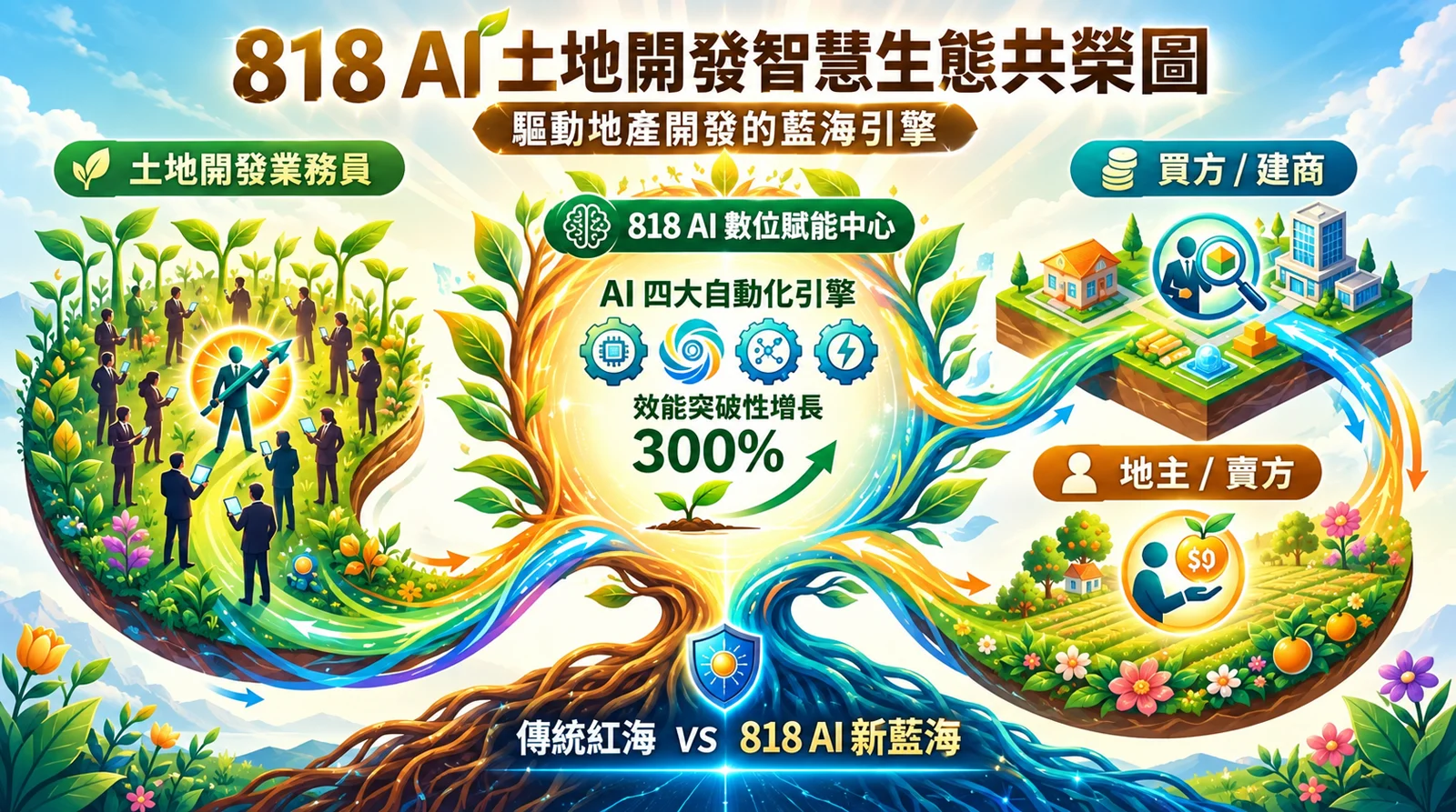 818 AI 土地開發智慧生態共榮圖：土地開發業務員、買方建商、地主賣方，
              透過 818 AI 數位賦能中心串成一個循環。